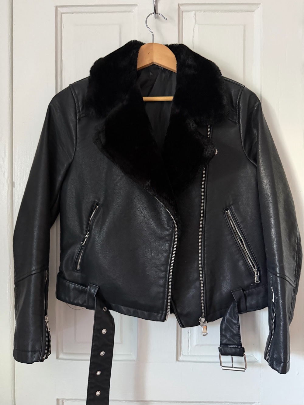 Black Faux-Leather Moto Jacket with Faux-Fur Collar